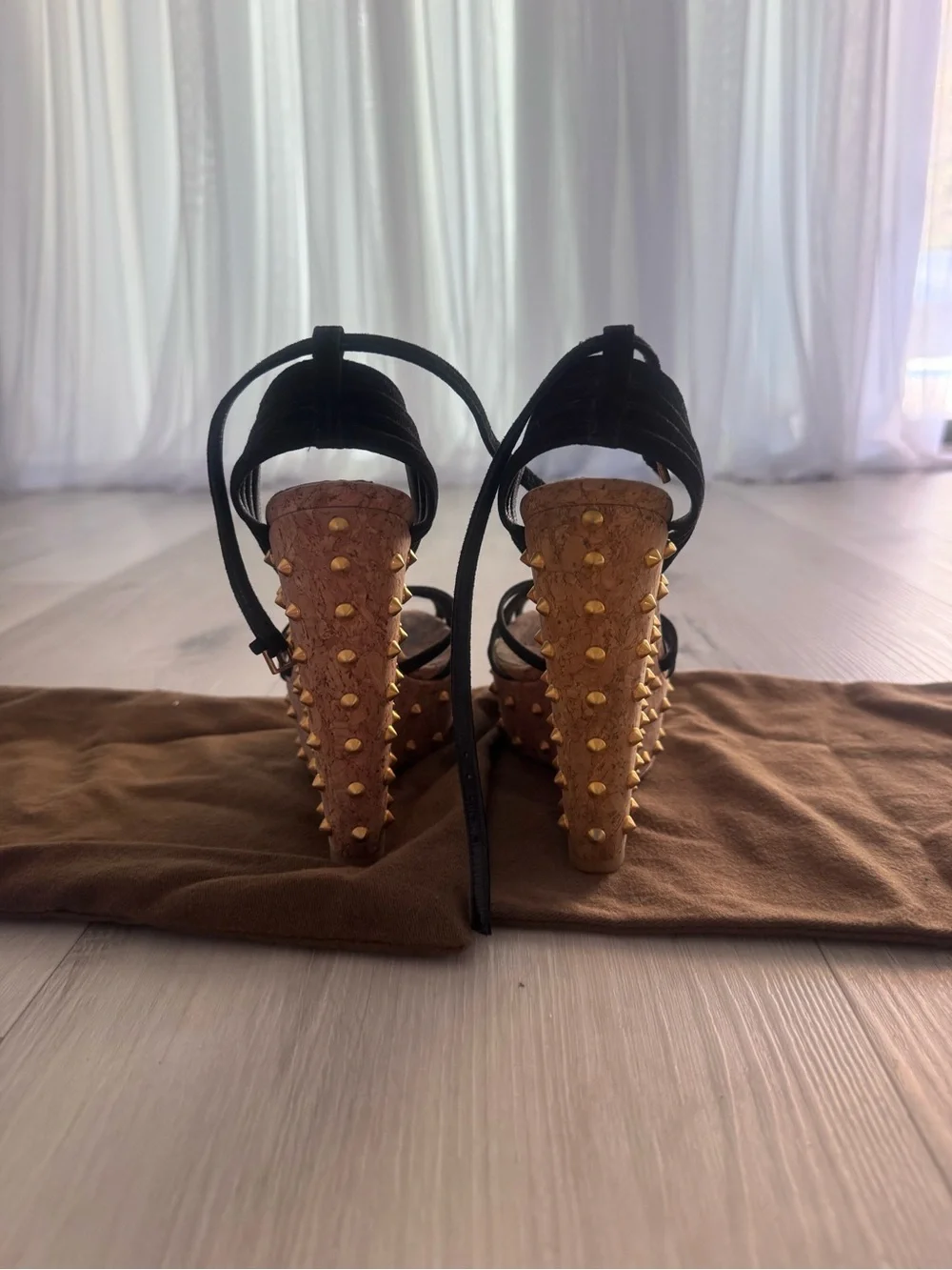 Gucci Black Strappy Cork Platform Wedges with Gold Studs